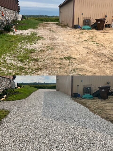 Before-and-after of gravel driveway installed between farm buildings